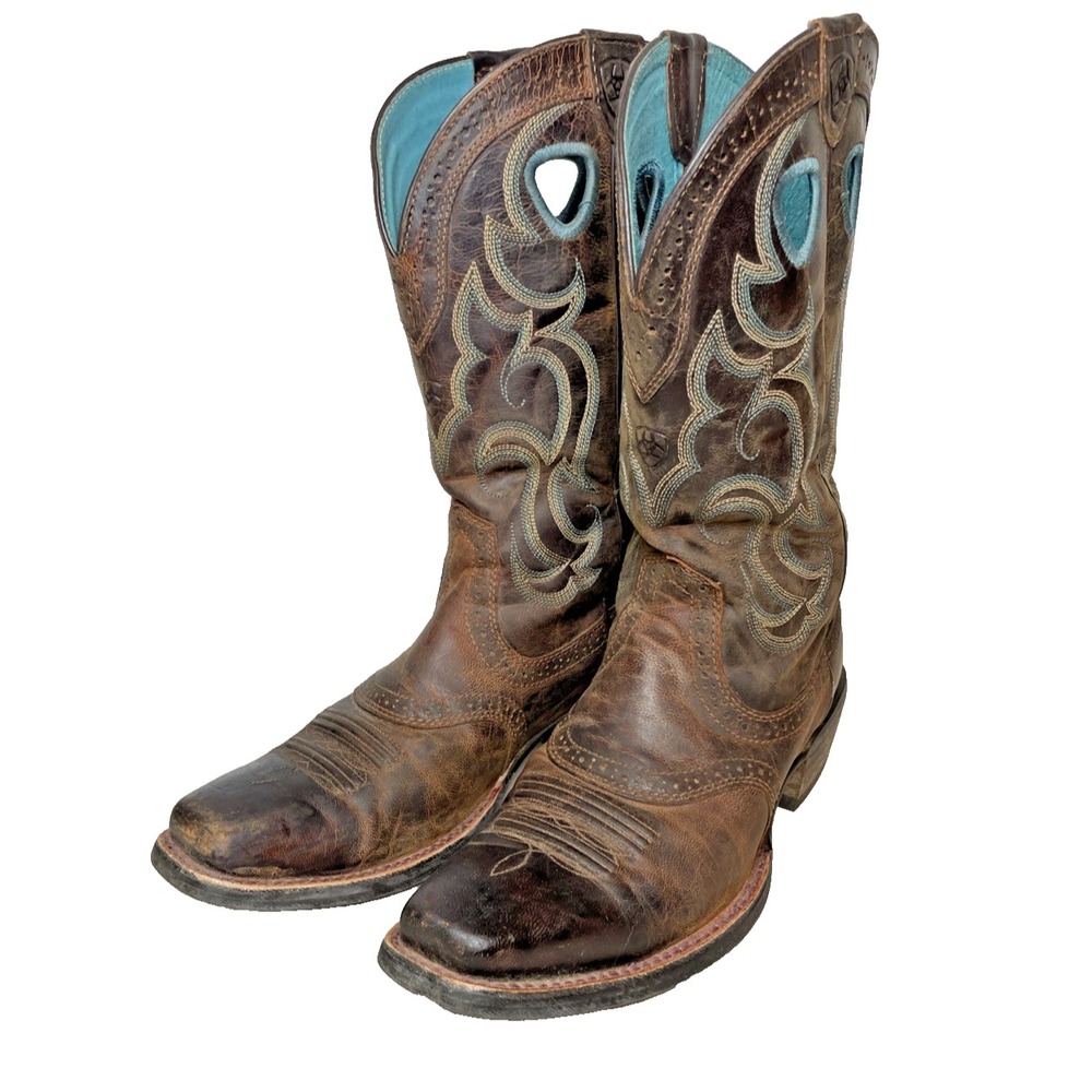 Ariat Sassy Brown Western Boots Womens 7.5 Leather Turquoise Stitching 10010936